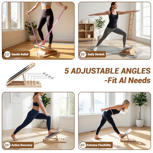 2-in-1 Wooden Slant Board & Balance Board | Adjustable Incline Board for Calf Stretching, Squat Wedge, Ankle Support | Foldable Design | Includes Workout Poster & Resistance Bands