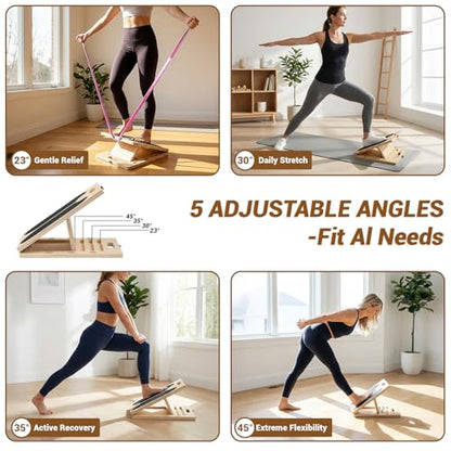 2-in-1 Wooden Slant Board & Balance Board | Adjustable Incline Board for Calf Stretching, Squat Wedge, Ankle Support | Foldable Design | Includes Workout Poster & Resistance Bands