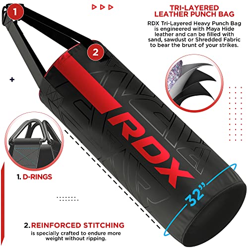 RDX Kids Unfilled Punching Bag Set 2FT, Non Tear Maya Hide Leather Kara Junior Hanging Bag for Kickboxing MMA Muay Thai Taekwondo Karate BJJ Strength Training, Home Gym Equipment - color: RED