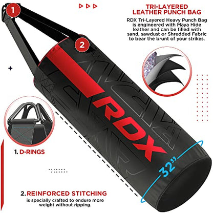 RDX Kids Unfilled Punching Bag Set 2FT, Non Tear Maya Hide Leather Kara Junior Hanging Bag for Kickboxing MMA Muay Thai Taekwondo Karate BJJ Strength Training, Home Gym Equipment - color: RED