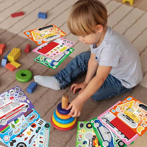DUJAA 24 Sheets Vehicle Stickers for Kids, Make Your Own Police Car, Ambulance, Truck, Train, Motorcycles Engineering Vehicle Stickers for Toddlers, Brithday Party Supplies Classroom Teacher Reward - style: Vehicle
