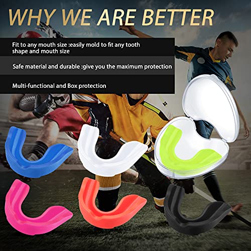 BBTO 6 Pack Kids Youth Mouth Guard for Football Sports, Boys Girls Mouthguard with Case, Soft Mouth Guard for Hockey Boxing Basketball, Ages 4+ - color: Red, Blue, White, Black, Yellow, Pink