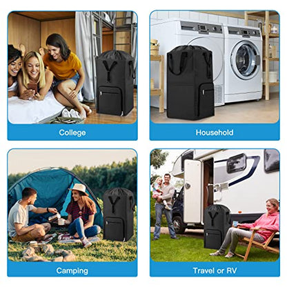 Bukere Laundry Backpack Bag, Extra Large 2 in 1 Laundry Hamper Basket for College Students Dorm Essentials, Adjustable Shoulder Straps, Freestanding Laundry Bag (Black&Black) - color: Black&Black