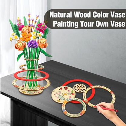 Wooden Vase for Lego Flowers - Floating Rings Vase for Lego Flower Bouquet Building Set - Display Stand for Lego Roses Cherry Blossom Sunflower Tulips Daffodils Lotus