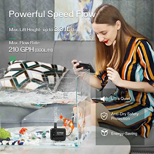 VIVOSUN 210GPH Submersible Pump(800L/H, 8W), Ultra Quiet Water Pump with 3.3ft High Lift, with 5ft Power Cord, 2 Nozzles for Fish Tank, Pond, Aquarium, Statuary, Hydroponics Black (Pack of 2) - size: 210GPH (Pack of 2)