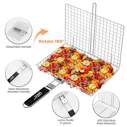 Portable BBQ Grill Basket, Fish Grill Baskets ,Folding Portable Fish Grilling Rack For Grill, 12.6x8.82x 1.97Inch, Heat-Resistant Handle, Stainless Steel Grill Basket For Veggies, Shrimp, Meat Cook