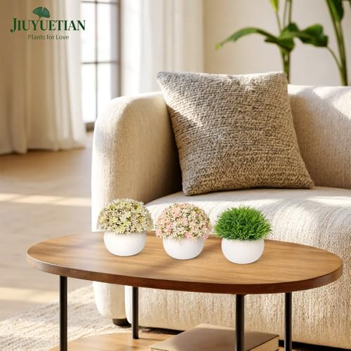 Fake Plants-3-Pack Mini Artificial Pulp Pot Decor, 2 Lilac Flower Balls & 1 Grass, No Maintenance for Desk Bathroom Home Office Shelf