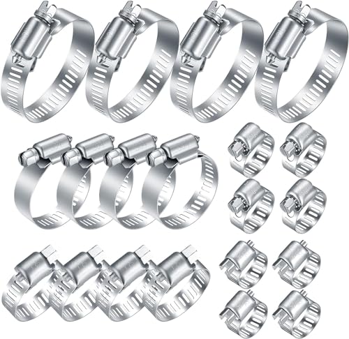 20Pcs Adjustable Stainless Steel Hose Clamps Assortment Kit, 1/4-2 in (6-51mm) Worm Gear Pipe, Fuel LineHeavy Duty for Plumbing, Washing Machine, Mechanical，Garden and Automotive Hose Connections