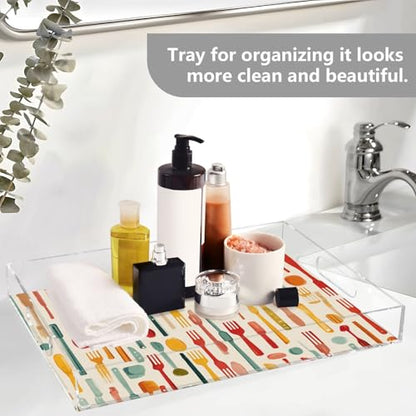 Acrylic Tray Clear Serving Vanity Ottoman Bathroom Coffee Table Countertop Organizer Raised Edge Spill Proof Cartoon Knives Forks Spoons - color: Cartoon Knives Forks Spoons
