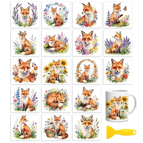 Peacoblue 18 Sheets Rub on Transfers for Crafts, Fox Wildflowers 3.6"x3.9" UV DTF Cup Wraps Waterproof Rub on Cold Transfers Stickers for Wood Glass Metal Cup Tumblers Mirrors Mugs Home Decor - style: Fox Wildflowers