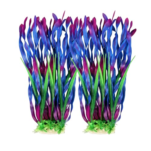 2 Pack 14.2 Inch Seaweed Purple Plastic Artificial Aquarium Plants with Ceramic Base for Indoor Aquarium - color: Purple
