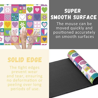 Extended Gaming Mouse Pad Checkered Heart Flower Large Mousepad with Stitched Edges,Anti-Slip Rubber Base Keyboard Mouse Mat Desk Pad for Gaming Home Office 35.4 x 15.7 inches - color: Checkered Heart Flower