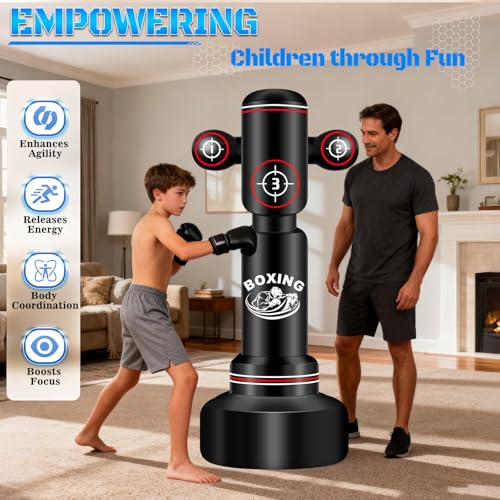 Heavy Punching Bag for Adults Teens, Standing Boxing Bag with Gloves - color: Red