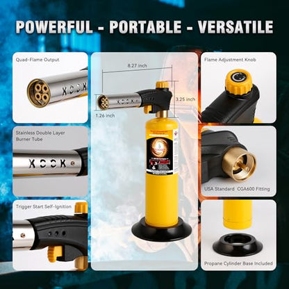 BLAZEAL Propane Torch Kit with 2x MAPP Gas,4-Flame Blow Torch Head with Propane Tank Base for MAP Gas,Work in All Angle,Trigger Start Torch Gun for Welding Brazing Soldering Grill Camping Cooking Food