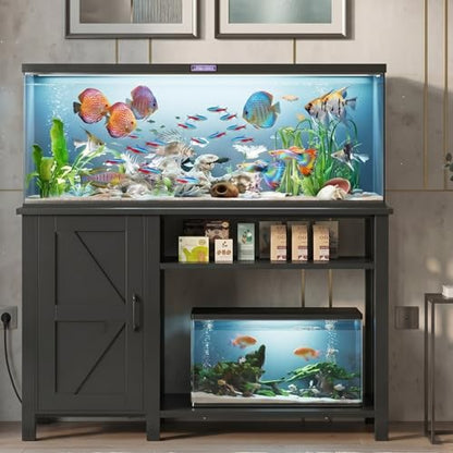 55-75 Gallon Aquarium Stand Farmhouse Fish Tank Stand with Power Outlet Heavy Duty Tank Stand with Adjustable Shelf for Fish Tank, Turtle Tank, Reptile Terrarium, 1000LBS Capacity, Black