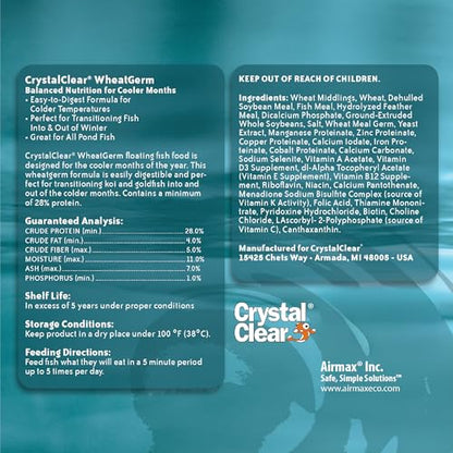 CrystalClear WheatGerm Fish Food—Protein-Rich Floating Pellets for Cold Freshwater Ponds, Ideal in Cooler Spring & Fall Seasons - 2.2 Pound Bucket