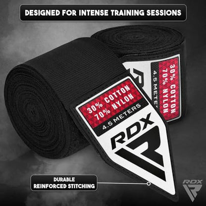 RDX Boxing Hand Wraps 4.5M / 180 Inches – Mexican Style Semi-Elastic MMA Inner Gloves - Wrist Support for Muay Thai, Kickboxing, BJJ, Karate - Thumb Loop & Hook and Loop Closure - Cotton & Nylon Blend - color: Pack of 3 Black