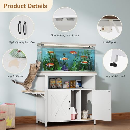 40-50 Gallon Fish Tank Stand with Hidden Cat Litter Box Enclosure Furniture, Cat Viewing Aquarium Stand with Storage Shelf & Side Cat Perch, 36.2"x20.5" Tabletop, 660 LBS Capacity