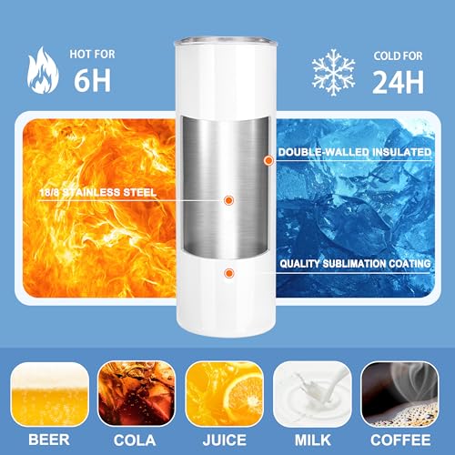 Joyclub Sublimation Tumblers 20 oz 10 Pack Flat Bottom Sublimation Blanks Bulk Stainless Steel Insulated Skinny Straight Cups with Lid and Straw, Gift Box - color: White 10 Pack-Flat Edge