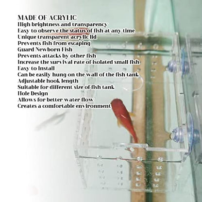 Fish Breeding Isolation Box, Acrylic Aquarium Hatchery 17x9x10cm, Transparent with Hook Installation - Easy Observation, Secure Lid Design, Suitable for Small Fish Tank (23 * 11 * 12CM) - size: 23*11*12CM