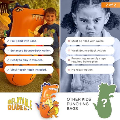 INFLATABLE DUDES Kids Punching Bag- Bop Bag | Sand-Base - color: Orange Rex | Pre-filled with Sand, size: 47"