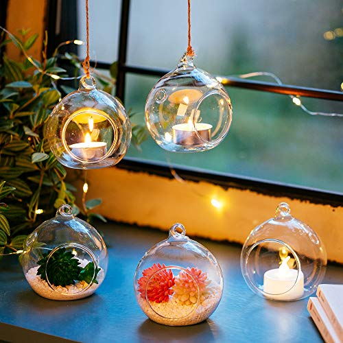 Nuptio 8 Pcs 3.15"/ 8cm Hanging Glass Tealight Holder Globe Plant Terrariums Glass Orbs Air Plants Tea Light Candle Holders Home Decor Indoor Outdoor Garden (with 2 Holes, 6 Pcs + 2 Pcs) - size: 8 Pcs