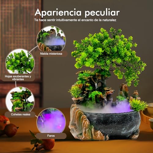 Tabletop Waterfall Fountain with Aquariums Plant Atomizing Humidifier Indoor Relaxation Desktop Fountain Waterfall with Led Light for Home Office Bedroom