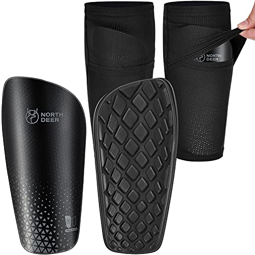 Northdeer Soccer Shin Guards for Kids Adults | Sleeves with Optimized Insert Pocket Protective Soccer for Boys Girls Men - color: Shin Pads 1 Pair + Sleeves 1 Pair, Black, size: L (5'3"-5'11")