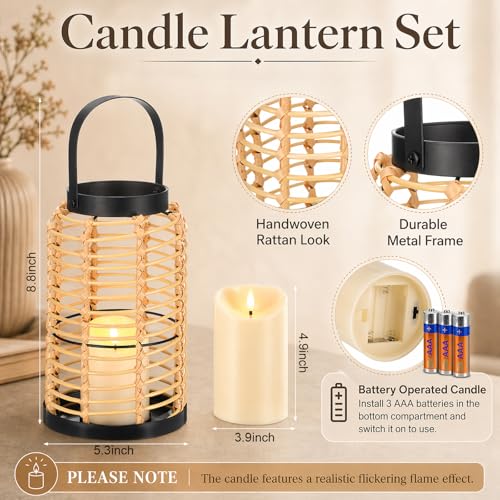 Novabright 6 Pcs Rustic Bobo Farmhouse Lantern Decor Set Candle Lanterns Decorative Indoor with Wooden Tray Bead Aromatherapy Candle Faux Plant Rustic Decor for Living Room Mantel Housewarming Gift - style: Rustic Bobo