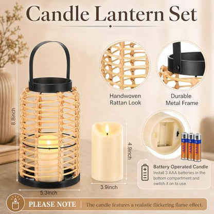 Novabright 6 Pcs Rustic Bobo Farmhouse Lantern Decor Set Candle Lanterns Decorative Indoor with Wooden Tray Bead Aromatherapy Candle Faux Plant Rustic Decor for Living Room Mantel Housewarming Gift - style: Rustic Bobo