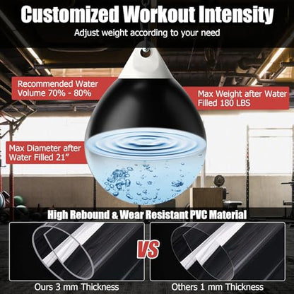 GYMAX Punching Bag, Water Aqua Bag w/Water Injector & Hanging Accessories, Folding Heavy Duty Boxing Bag for Home Gym, Boxing Training Equipment for Adults - style: 180LBS, Black