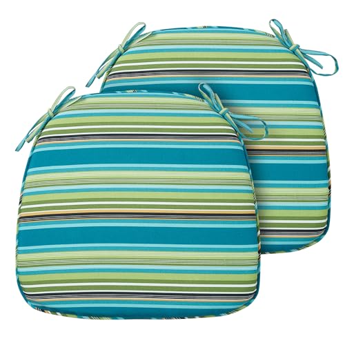 FUNHOME 17"x16"x2" Outdoor Chair Cushions Set of 2, Water Resistant Patio Chair Pads with Ties, Seat Cushions for Home Garden Furniture Decoration-Green Stripe - color: Green Stripe, size: Set of 2