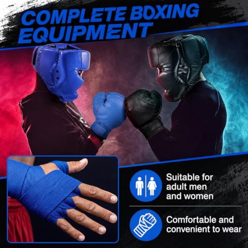 Kanayu 14 Pcs Boxing Gloves and Headgear Set for Beginners Youth 16 Ounce Boxing Gloves Headgear Helmet Hand Wraps Mouth Guards Equipment for Beginners Training Equipment Gifts - color: Black, Blue