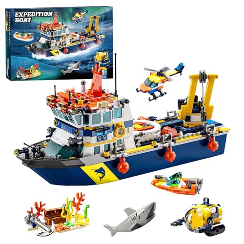 RiceBlock 782 Pieces City Ship Building Blocks Sets, Ocean Exploration Team Building Toys, Expedition Boat Model Kits