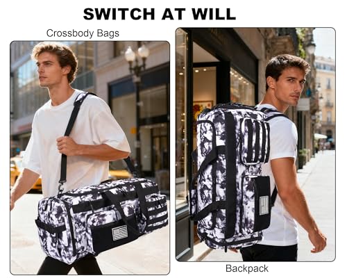 LHI 50L Tactical Duffle Bag for Men, 3-in-1 Gym Duffle and Backpack, Shoe Compartment, Laptop Sleeve and MOLLE, Carry-On Travel Weekender and Overnight Bag – Black and White - color: Black and White