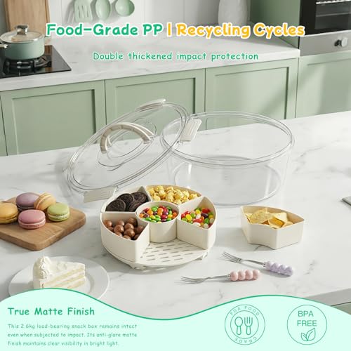Divided Serving Tray with Lid and Handle, Rounded Snackle Box with 6 Compartments and Chill Base for Fruits, Candy, Veggie, Travel Snack Container with Portable Insulated Bag & Ice Cube Tray & 5 Forks - size: Snackle Box-6
