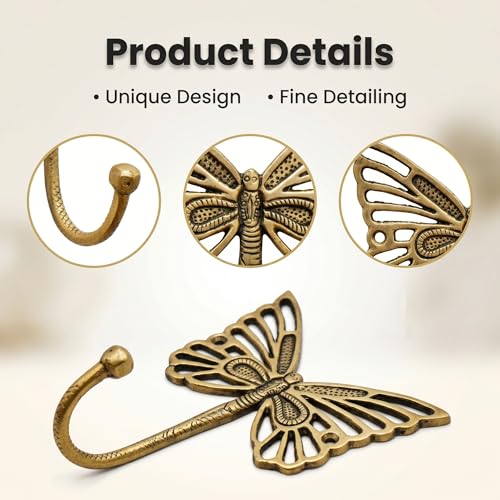 Indian Shelf Solid Brass Butterfly Wall Hooks Gold Coat Hangers Pack of 3