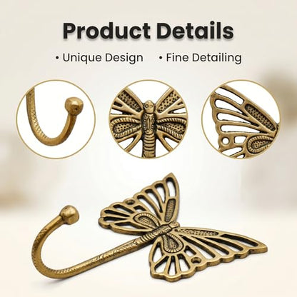 Indian Shelf Solid Brass Butterfly Wall Hooks Gold Coat Hangers Pack of 3