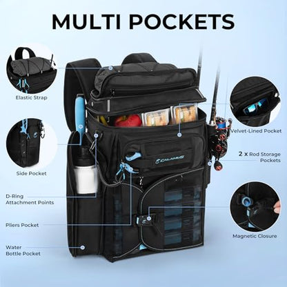 Calamus GearMaster Tackle Backpack with Bait Binder, Large Lightweight Water-Resistant Fishing Bag, Rod Holders, Food Storage - color: Black