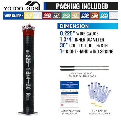 Right Hand Wind（Red Cone）1.75" Garage Door Torsion Spring with Non-Slip Winding Bars & Gloves, Precision Electrophoresis Black Coated, for Replacement, MIN 16,000 Cycles (0.225x1.75''x30'') - size: 0.225X1.75"X30"-R