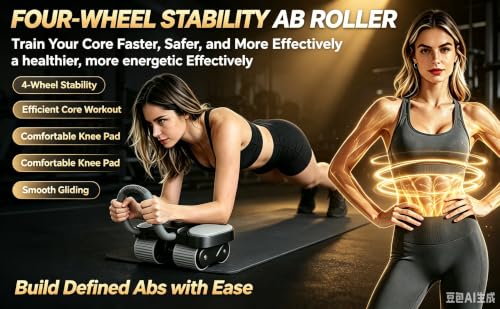 3-Wheel Ab Roller with Flexible Handle, Core Exercise Equipment, Black and Gray