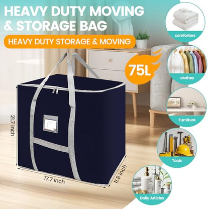 3 Pack 75L Heavy Duty Moving Bags, Large Tote Bags, Space Saving, for Storage & Moving, with Reinforced Handles & Sturdy Zippers (Blue)