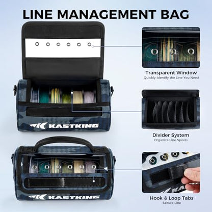 KastKing BaitSpace Line Management Bag, Fishing Line Storage Bag with Water Resistant Nylon, Clear View Window, Removable Divider, Tangle-free Leader Line Holder - color: E: Blue Camo-Large