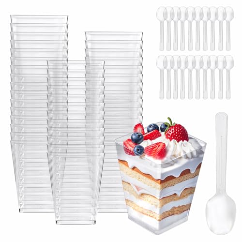 50 Pack Dessert Cups with Spoons, 5oz Plastic Yogurt Parfait Cups, Mini Square Dessert Cups with Spoons, Transparent Dessert Shooter Cups for Pudding, Mousse, Fruit, Dessert and Ice Cream