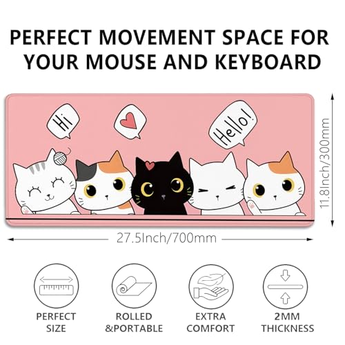 Cute Cats Desk Pad Mouse Pad,Cute Cartoon Lofi Cats Pink Mouse Mat Large,Stitched Edges Non-Slip Waterproof Rubber Base Mouse Mat for Office Home Work Gaming（27.5 x 11.8 in） - color: Lofi Cat