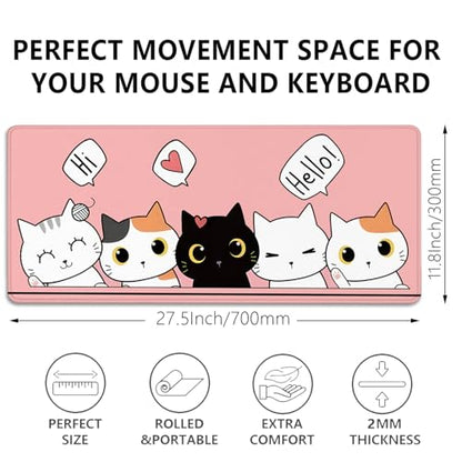 Cute Cats Desk Pad Mouse Pad,Cute Cartoon Lofi Cats Pink Mouse Mat Large,Stitched Edges Non-Slip Waterproof Rubber Base Mouse Mat for Office Home Work Gaming（27.5 x 11.8 in） - color: Lofi Cat