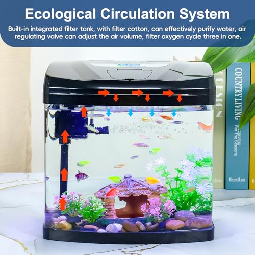 3 Gallon Glass Aquarium Starter Kit with Flip-Top Feeding Port for Betta Fish: Crystal Clear 360° Viewing, Eco-Cycle Filtration, Air Pump, and LED Lighting