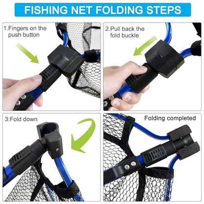 LBW Collapsible Fishing Net with Handle, Folding Kayak Net for Freshwater or Saltwater, Trout Catfish Bass Compact Rubber Landing Net - color: Telescopic Pole