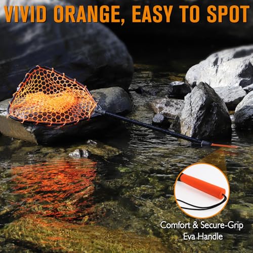 Rubber Fishing Landing Nets Telescopic Handle Nets Folding Nets with Collapsible Handle for Catch & Release Fishing Gift 17.6" dia-13.7" Depth Black/Orange