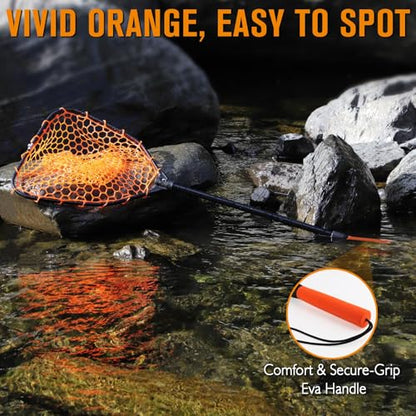 Rubber Fishing Landing Nets Telescopic Handle Nets Folding Nets with Collapsible Handle for Catch & Release Fishing Gift 17.6" dia-13.7" Depth Black/Orange